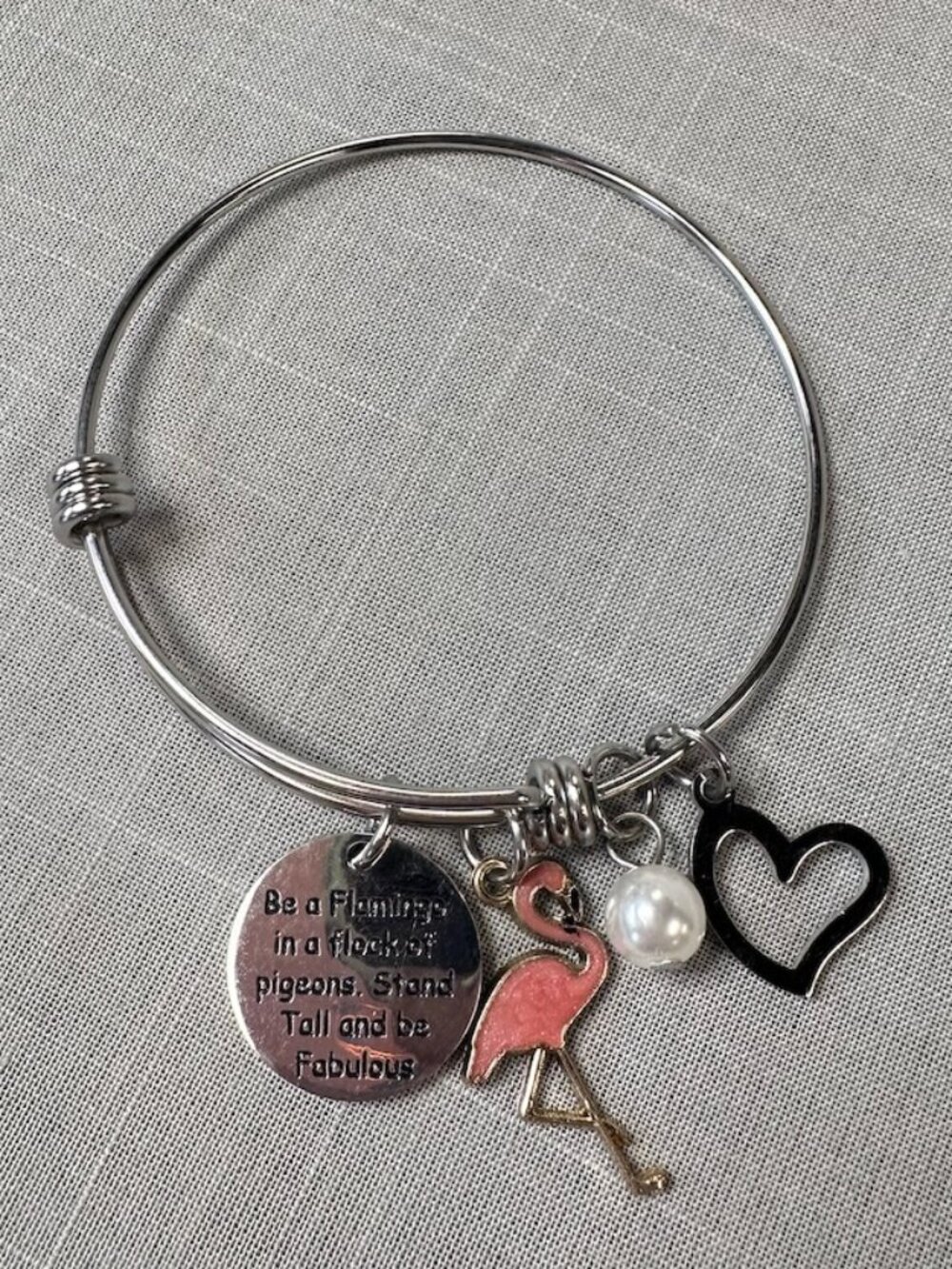 Expandable Silver Tone Bangle Bracelet Flamingo Charm